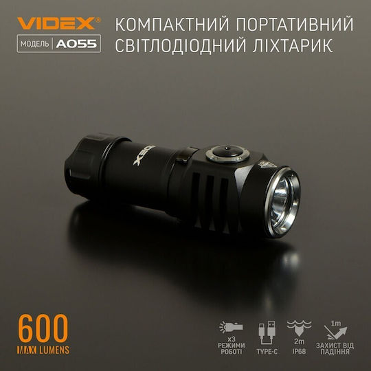 Videx Rechargeable Flashlight LED IP68 with Maximum Brightness 600lm