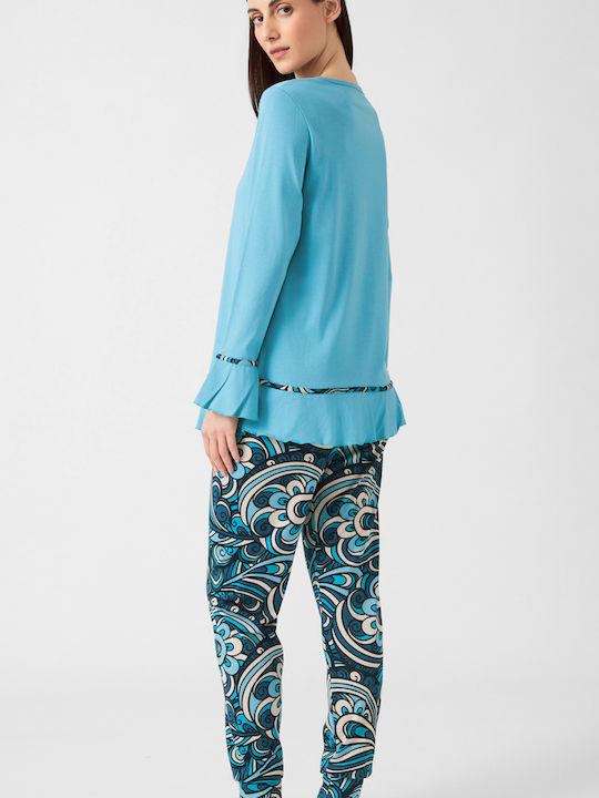 Minerva Winter Damen Pyjama-Set Baumwolle Petrol Blue