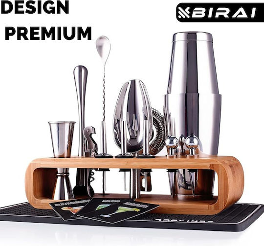 Barman Set Drink Preparation Birai 10 Pieces 550 Ml Cocktail Shaker Stainless Steel Premium Bamboo Stand Spoon Strainer Corkscrew Double Jigger Muddler Pure R