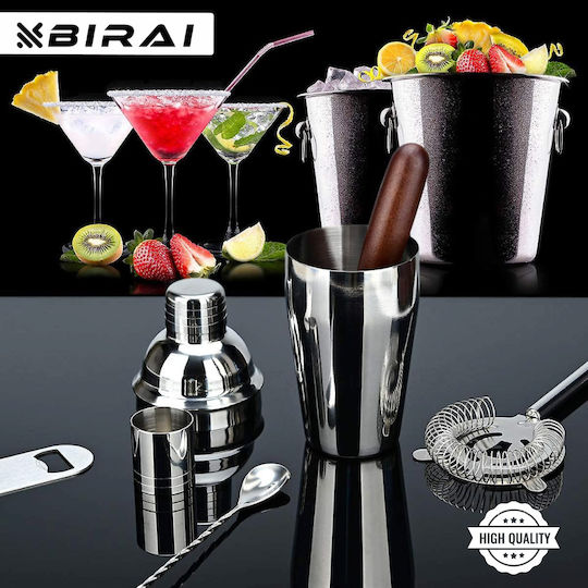 Barman Set Drink Preparation Birai 10 Pieces 550 Ml Cocktail Shaker Stainless Steel Premium Bamboo Stand Spoon Strainer Corkscrew Double Jigger Muddler Pure R