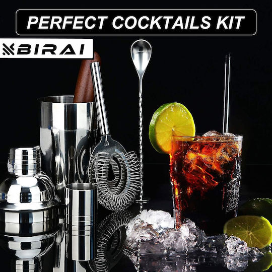 Barman Set Drink Preparation Birai 10 Pieces 550 Ml Cocktail Shaker Stainless Steel Premium Bamboo Stand Spoon Strainer Corkscrew Double Jigger Muddler Pure R