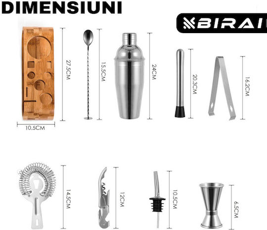 Barman Set Drink Preparation Birai 10 Pieces 550 Ml Cocktail Shaker Stainless Steel Premium Bamboo Stand Spoon Strainer Corkscrew Double Jigger Muddler Pure R