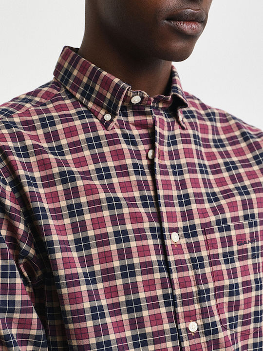 Long Sleeve Cotton Shirt in Regular Fit Checked Burgundy