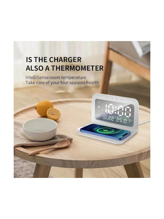 Ceas De Masă Digital Led Cu Ceas Deșteptător Și Încărcare Wireless Alb