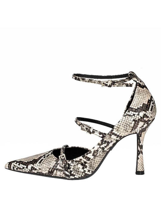 Corina Black-White Snake Heels with Strap Animal Print