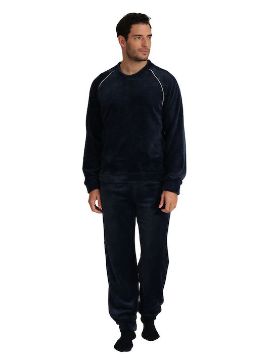 Lydia Creations Men's Winter Velvet Pajamas Set Navy Blue