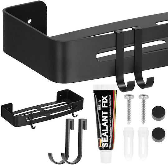 Raft de baie cu 2 cârlige, 2 sisteme de montare pe perete, aluminiu, 32x12x4cm, negru