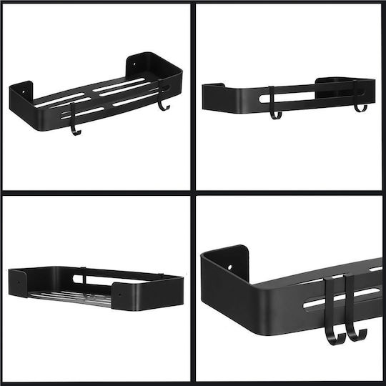Raft de baie cu 2 cârlige, 2 sisteme de montare pe perete, aluminiu, 32x12x4cm, negru