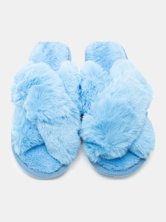 Winter Women's Slippers with Fur Light Blue