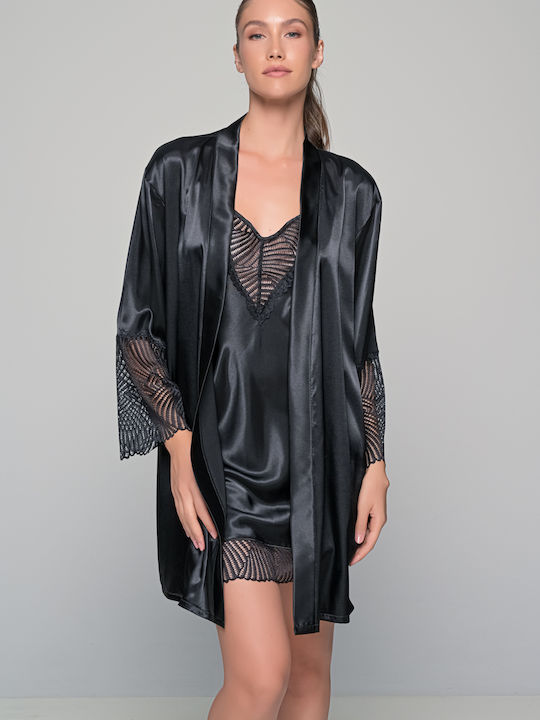 Milena by Paris Pentru Femei Satin Halat Neagră
