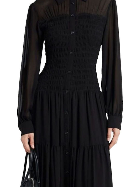 Midi Shirt Dress with Ruffles Black