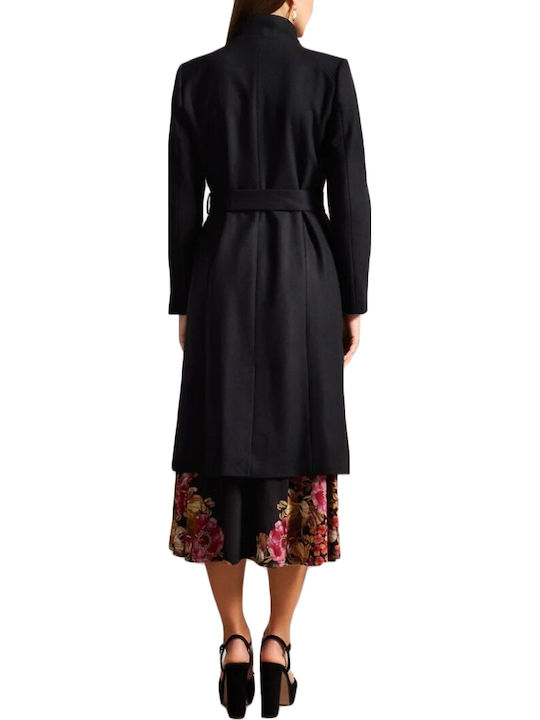 Wool Women's black Coat with Belt