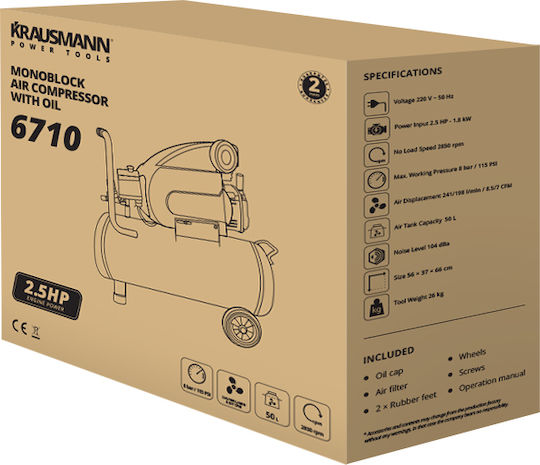 Krausmann Cu o singură fază Compresor de aer cu Putere 2.5hp și Rezervor de aer 50lt 6710