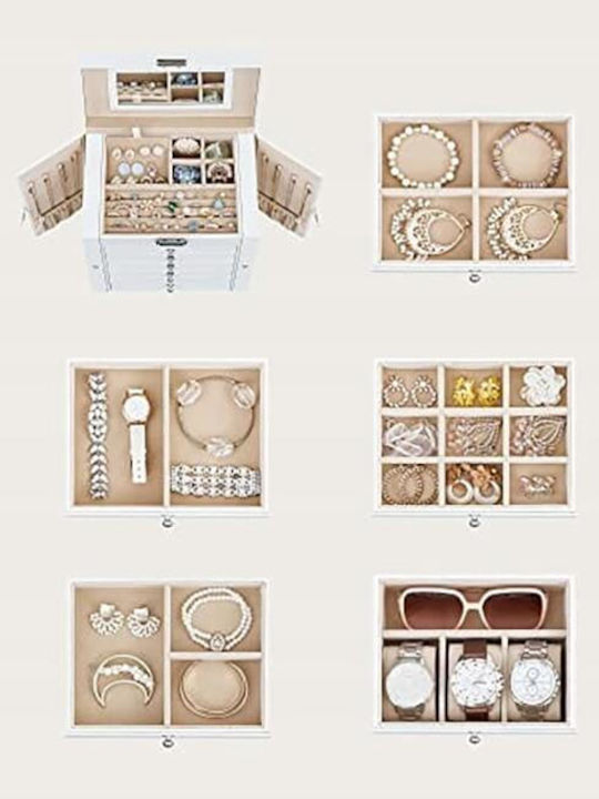 Jewellery Box MDF PU Velvet White Beige Mirror 26x15.6x32 cm Artool