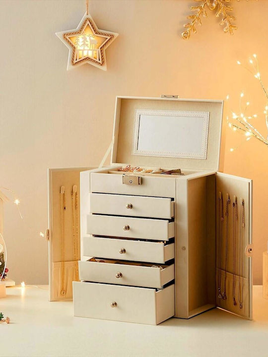 Jewellery Box MDF PU Velvet White Beige Mirror 26x15.6x32 cm Artool