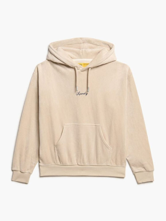 Long Women's Sweatshirt Velvet Hooded Beige