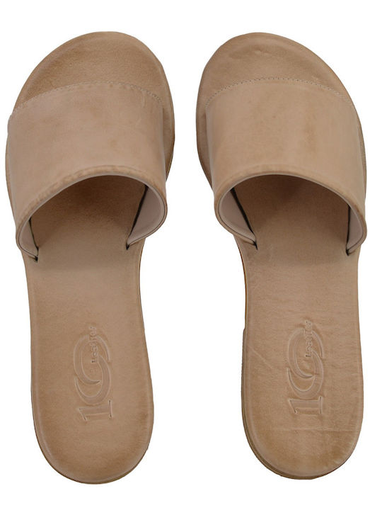 Leather Women's Flat Sandals in Beige Color