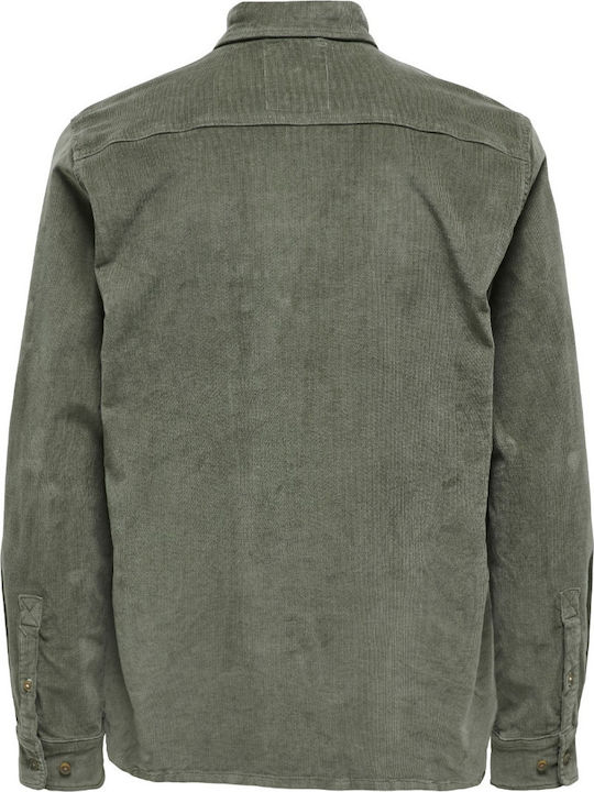 Μακρυμάνικo Κοτλέ Overshirt σε Κανονική Γραμμή Χακί