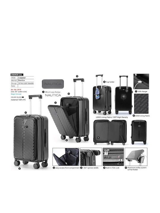 Nautica Valiză de Călătorie de Cabină Dura Neagră cu 4 Roți Înălțime 55cm