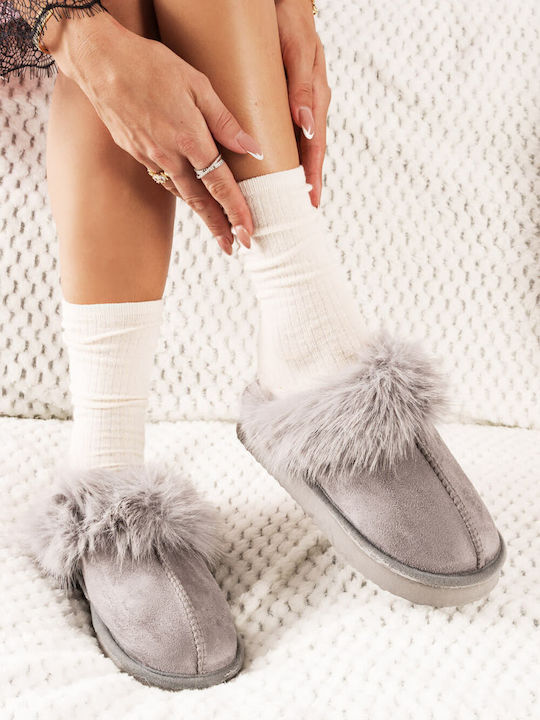 Gray Winter Slippers with Fur Detail