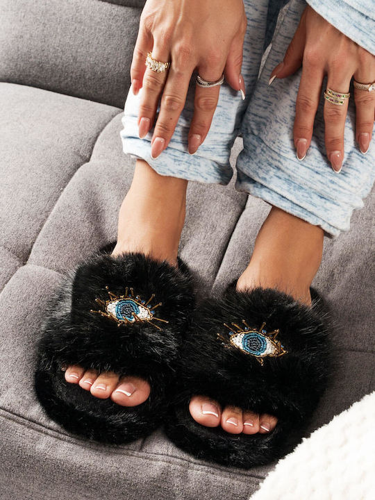 Black Fur Eye Design Slippers