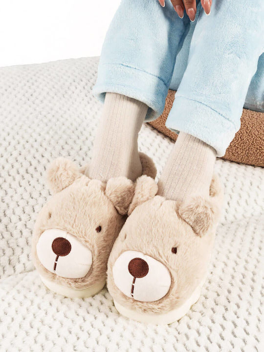 Beige Teddy Bear Fur Slippers