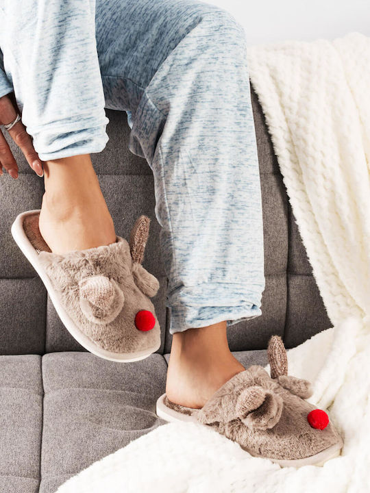 Gray Fur Reindeer Design Slippers