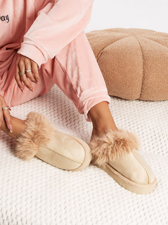 Beige Winter Slippers with Fur Detail