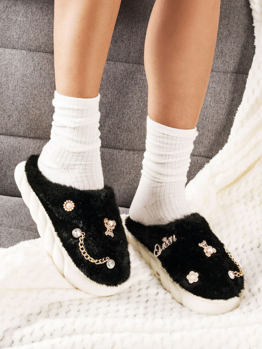 Black Fur Slippers with Jewels