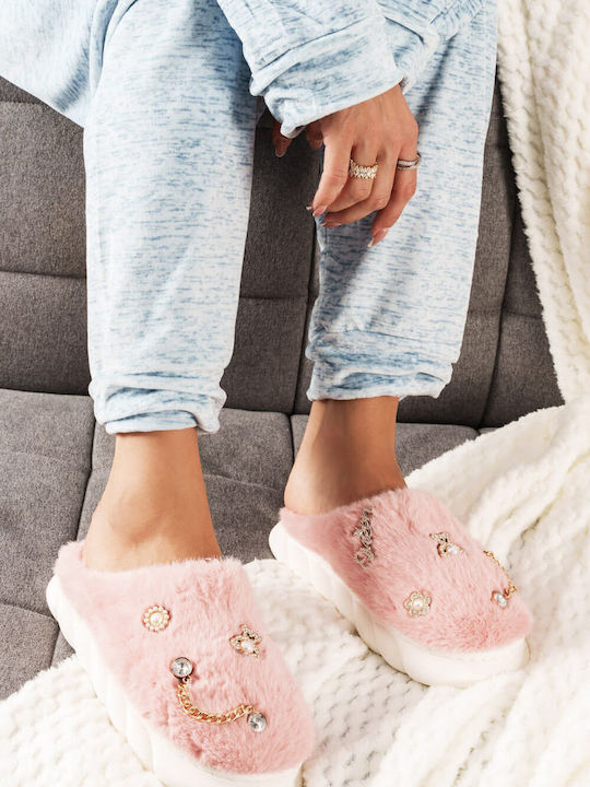 Pink Fur Slippers with Jewelry