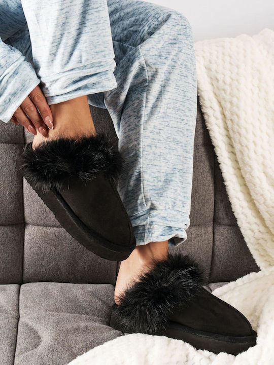 Black Winter Slippers with Fur Detail