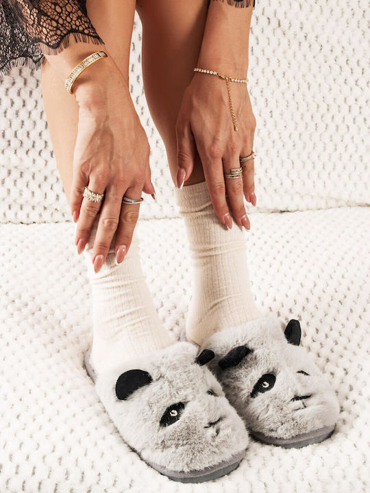 Grey Fur Slippers Panda