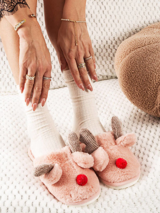 Rosa Hausschuhe mit Rentier-Design aus Fell