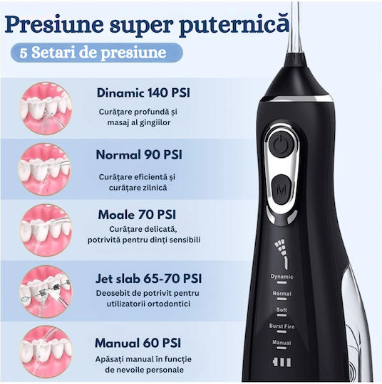 Irigator Oral Profesional Fără Fir Birai Aparat de Curățare Dentară cu Apă Portabil L15 Inteligent Eficient 5 Programe de Lucru 1800 Pulsuri Min IPX7 Rezistent la Apă Rotire 360 de Grade 4 Capete