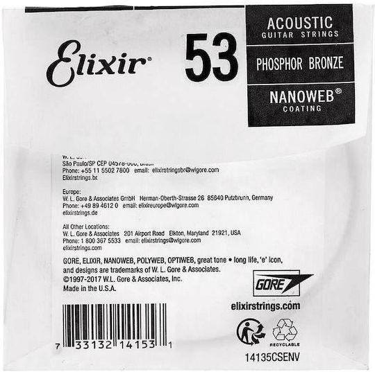 Elixir Single Phosphor Bronze String for Acoustic Guitar Nanoweb Loop End .053"