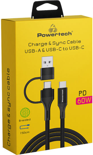 Powertech Braided USB 2.0 Cable USB-C male - USB-C 60W PD Μαύρο 1.5m TR-0158