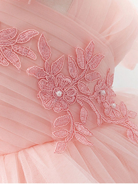 Pugi Flowers Salmon Baptism Clothes Set with Hair Accessories and Lace Dress 2 Pieces