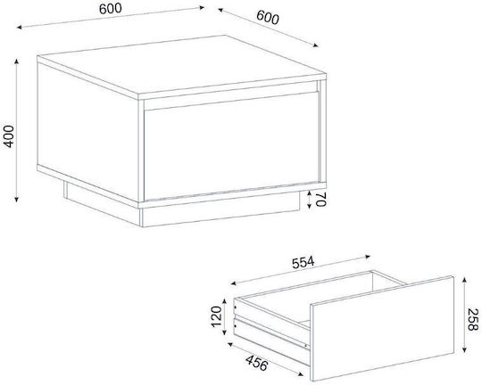 Квадратно Централно Кафе Масичка Pura Дървена с Чекмеджета Sapphire Oak Ш60xД60xВ40см