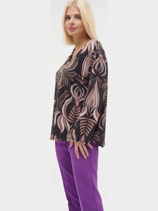 Women's Blouse Long Sleeve with V Neckline Black