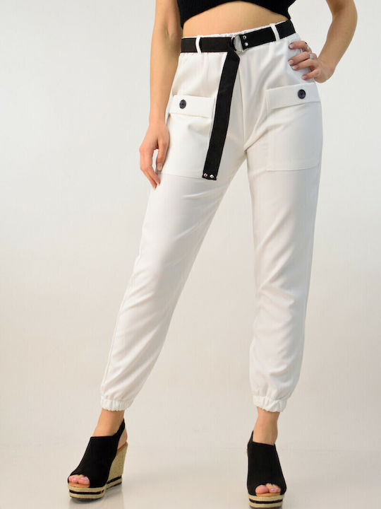 Damen Stoff Capri Hose mit Gummizug in Lockere Passform White