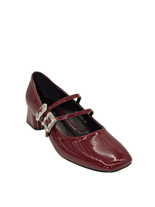 Morena Spain Patent Leather Burgundy Low Heels with Strap