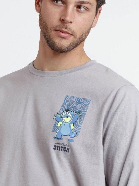 Disney Stitch Χειμερινή Ανδρική Πιτζάμα Βαμβακερή Γκρι