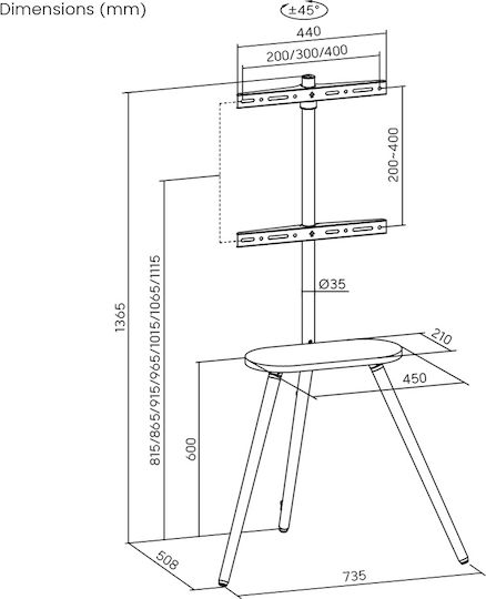 Brateck FS28-44F-04 Βάση Τηλεόρασης Δαπέδου έως 65" και 35kg Ασημί