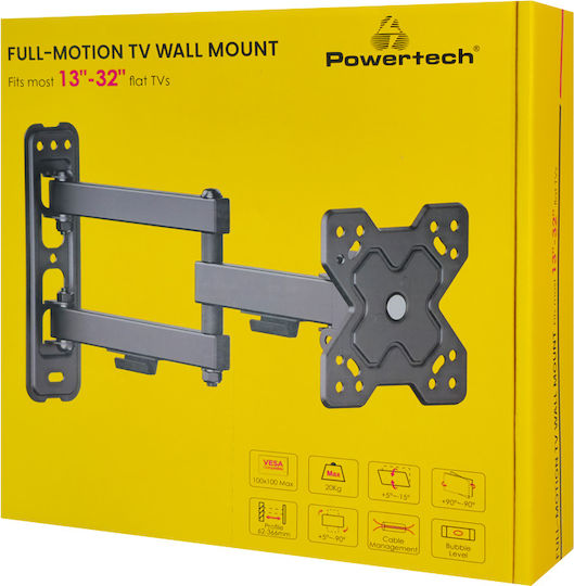 Powertech PT-1279 Βάση Τηλεόρασης Τοίχου με Βραχίονα έως 32" και 20kg Ασημί