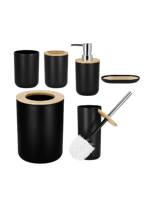Schwarzes 6-teiliges rundes Badezimmerzubehör-Set aus Kunststoff mit Bambuselementen
