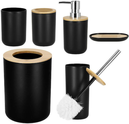 Schwarzes 6-teiliges rundes Badezimmerzubehör-Set aus Kunststoff mit Bambuselementen