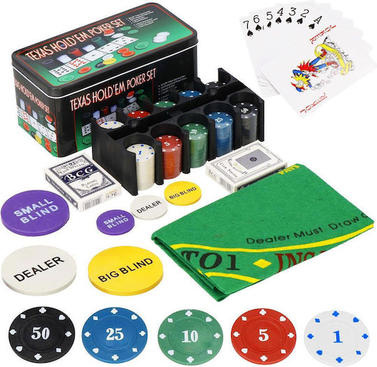 Complex Poker Set 200 Chips Green Mat 2 Decks Cards In Metal Case