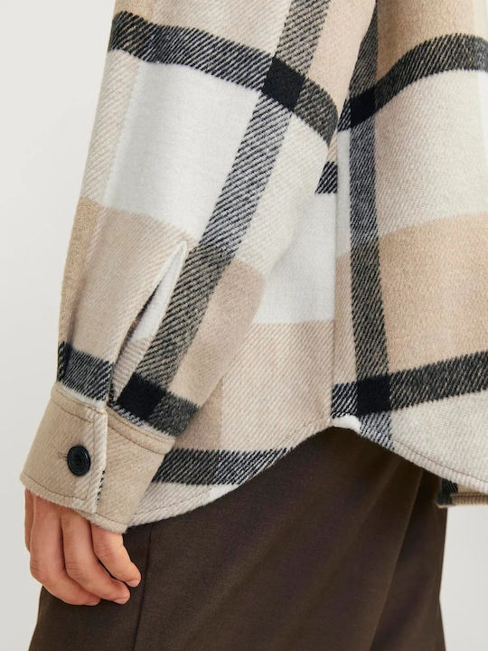 Long Sleeve Flannel Overshirt in Regular Fit Checked Crockery Beige