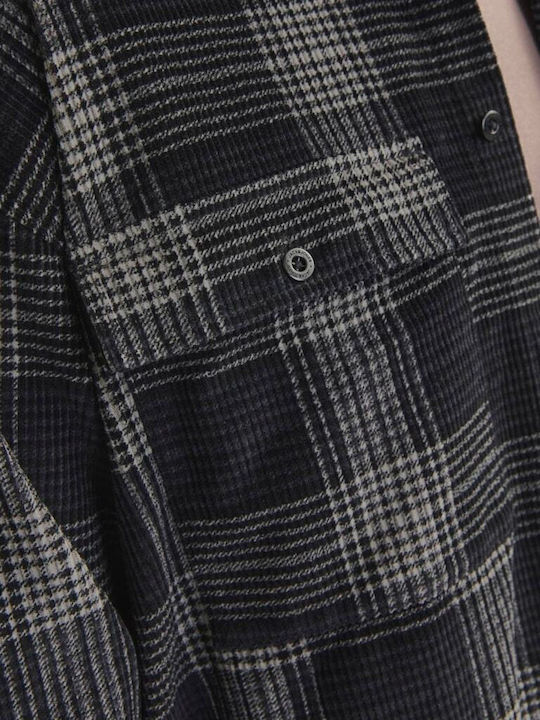 Μακρυμάνικo Κοτλέ Overshirt σε Φαρδιά Γραμμή Καρό Μαύρο