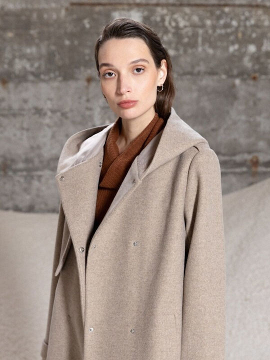 Damen Beige Mantel mit Kapuze